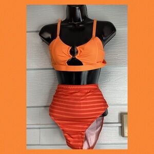 Orange two piece swimsuit.